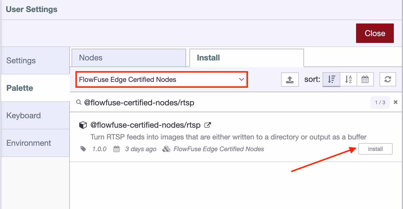 Palette Manager open on the Install tab with the FlowFuse Edge Certified Nodes collection visible and the RTSP node's Install button highlighted